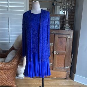 BLACK TIE OLEG CASSINI VINTAGE COBALT BLUE SILK BEADED DRESS JACKET 10